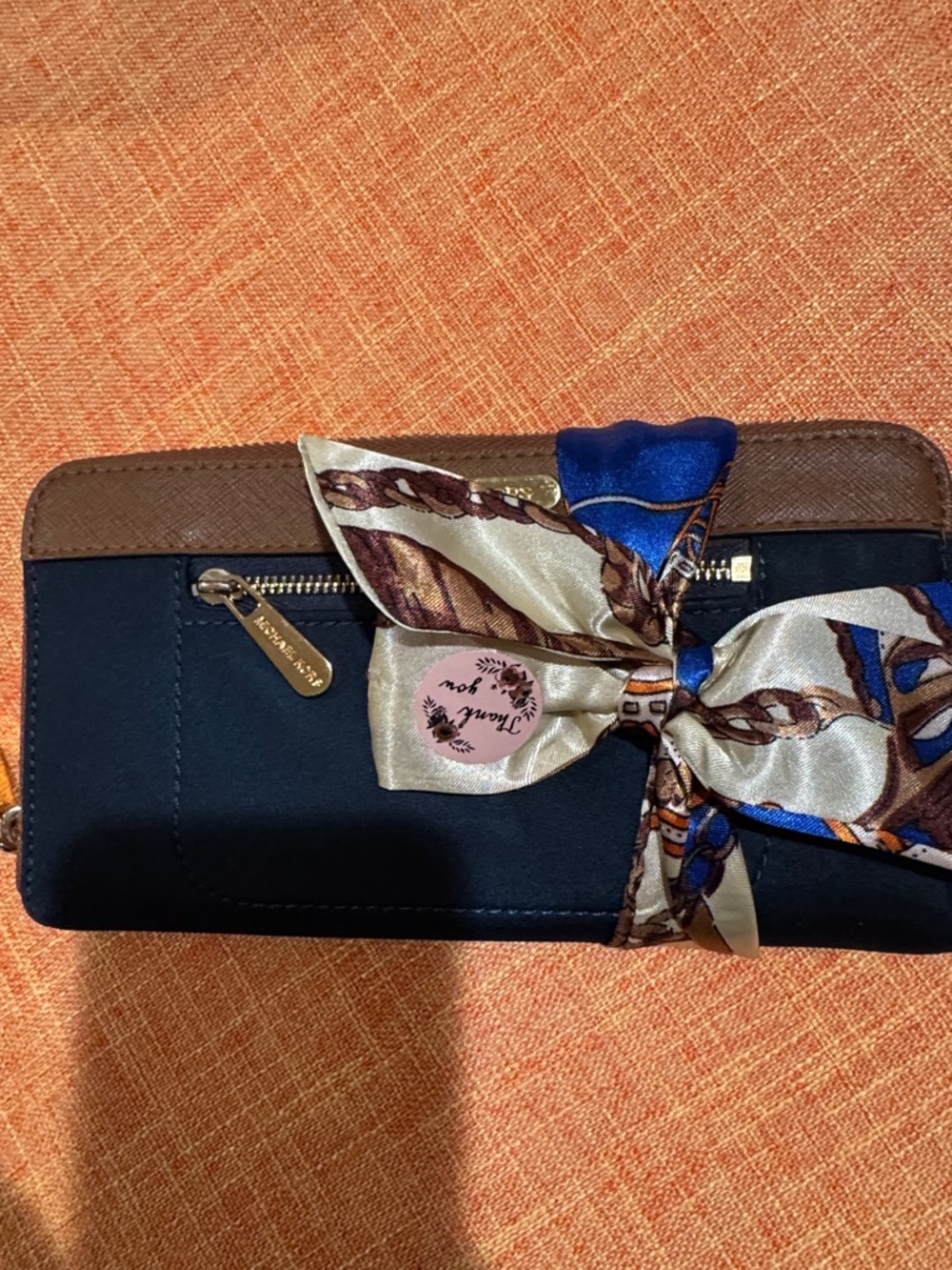 Michael Kors Navy and Brown Zip-Around Wallet with Silk Scarf Accent